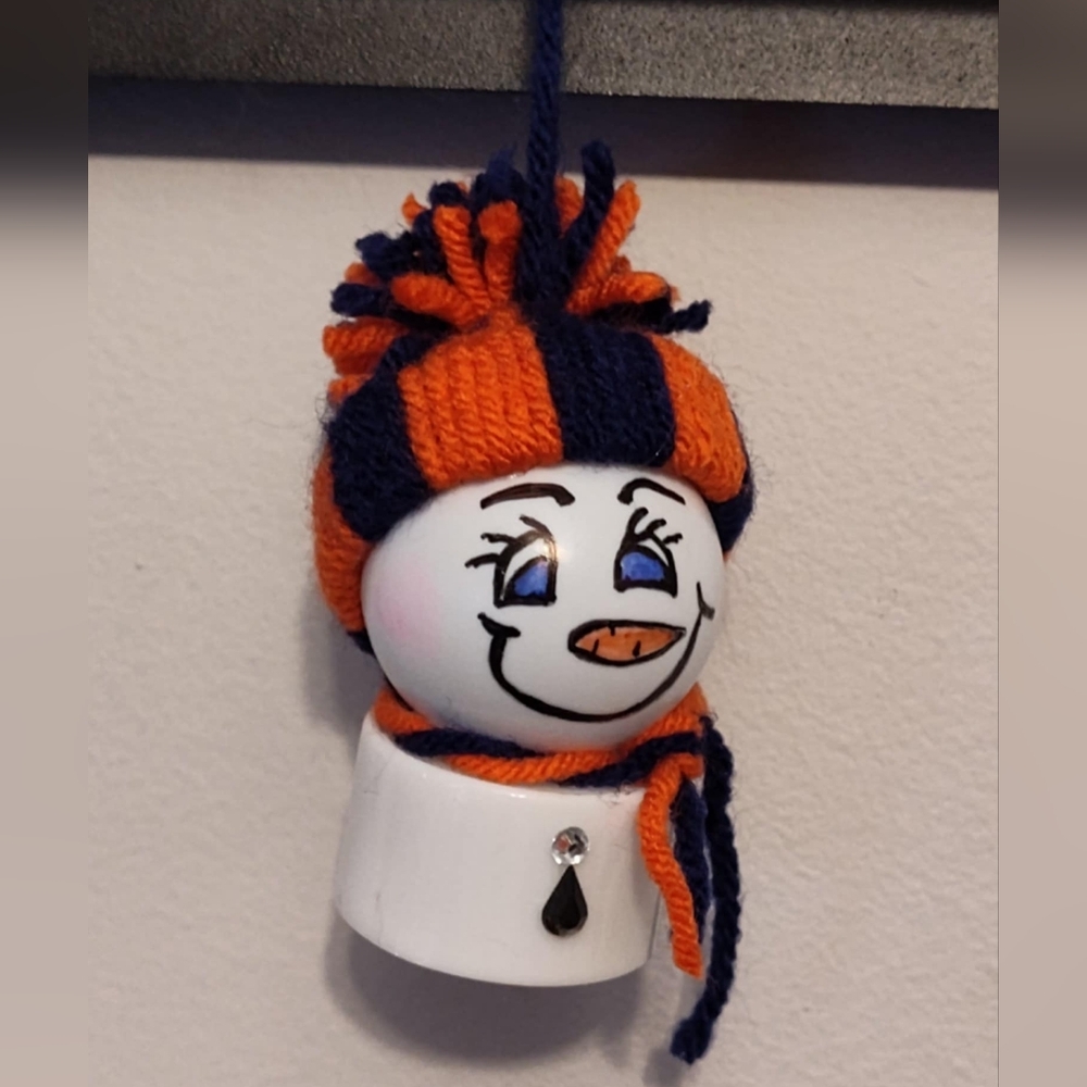 Handmade Light Up Snowman Ornament with Orange and Blue Beanie Hat & Scarf